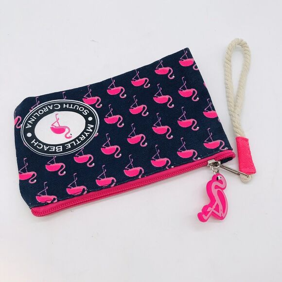 Flamingo Wristlet Myrtle Beach SC Tropical Destination Wallet Navy & Pink Charm - Picture 3 of 8